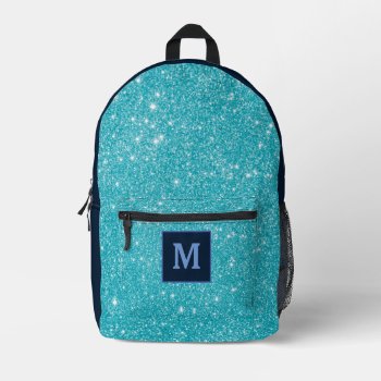 Blue Glitter Modern Monogram Name Custom  Printed Backpack by Trendshop at Zazzle