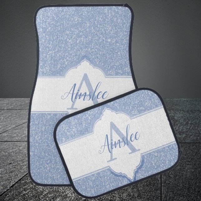Blue Glitter Monogram Car Floor Mats (Sky Blue Glitter Monogram Personalized Car Mats)