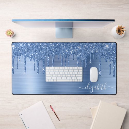 Blue Glitter Monogram Desk Mat