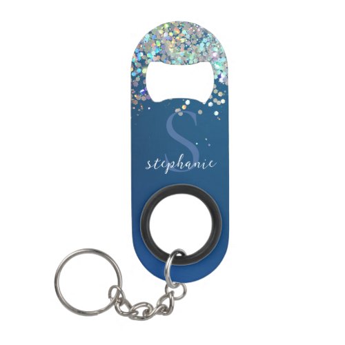 Blue Glitter Monogram Holographic Modern Custom Keychain Bottle Opener