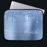 Blue Glitter Monogram Laptop Sleeve<br><div class="desc">Personalized chic and girly laptop sleeve featuring blue faux glitter dripping down a blue faux metallic background. Monogram with your name in a stylish white script.</div>