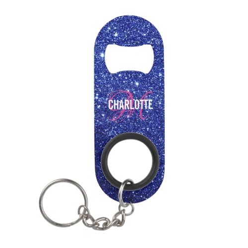 Blue glitter monogram name   keychain bottle opener