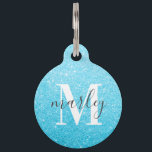 Blue Glitter Monogram Name Pet ID Tag<br><div class="desc">Trendy pet ID tag featuring a cute blue glitter effect background,  your dogs initial,  name and your phone number on the back.</div>