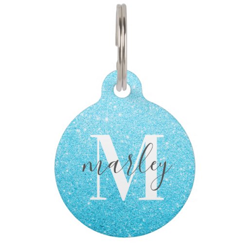 Blue Glitter Monogram Name Pet ID Tag