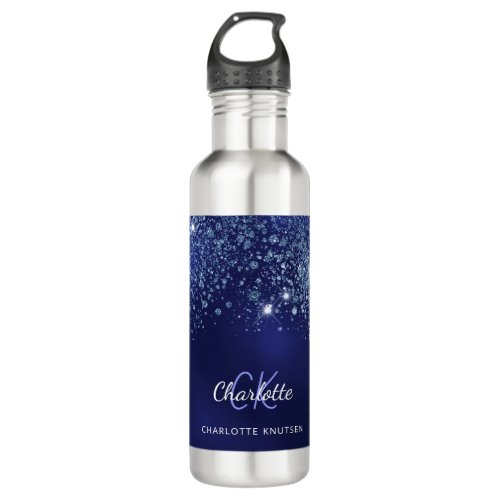 Blue glitter monogram name script stainless steel water bottle
