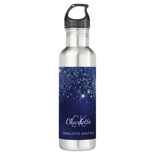 Blue glitter monogram name script stainless steel water bottle (Front)