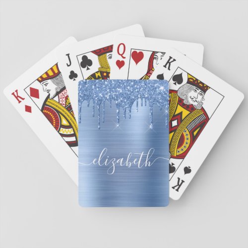 Blue Glitter Monogram Poker Cards