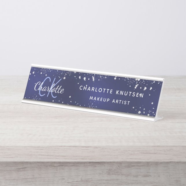 Blue glitter monogram professional  desk name plate (Front)