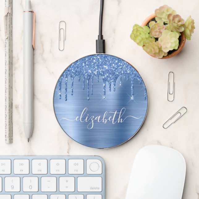Blue Glitter Monogram Wireless Charger (Desk)