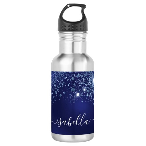 Blue glitter name script  stainless steel water bottle