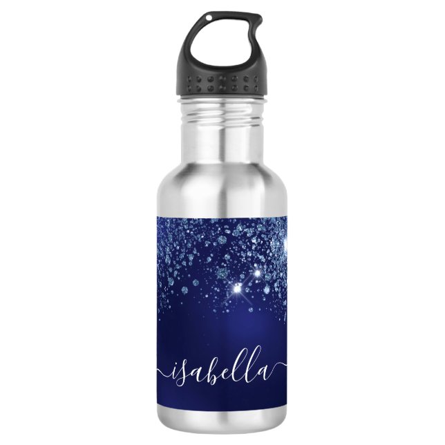 Blue glitter name script  stainless steel water bottle (Front)