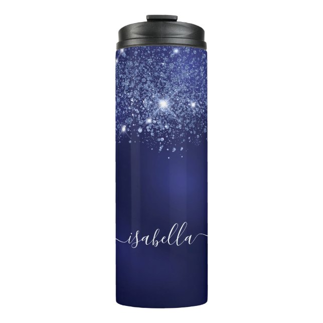 Blue glitter name script thermal tumbler (Front)