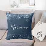 Blue glitter name script throw pillow<br><div class="desc">A chic blue gray colored background with faux glitter dust. The blue color is uneven. Personalize and add a name. The name is written in white with a large modern hand lettered style script.</div>