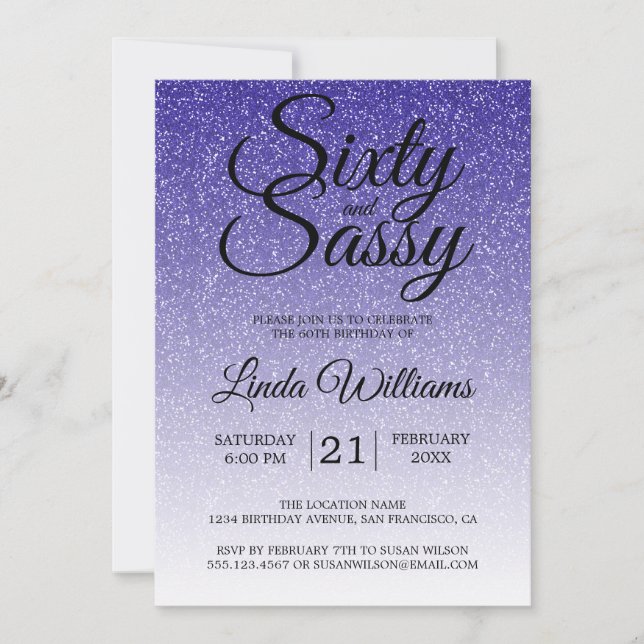 Blue Glitter Ombre 60 and Sassy 60th Birthday Invitation (Front)