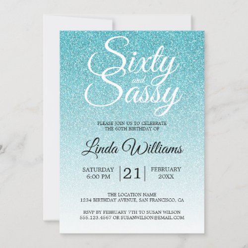 Blue Glitter Ombre 60 and Sassy 60th Birthday Invitation