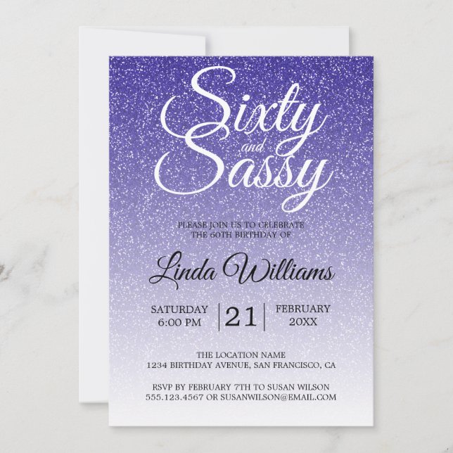 Blue Glitter Ombre 60 and Sassy 60th Birthday Invitation (Front)