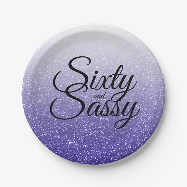 Blue Glitter Ombre 60 and Sassy 60th Birthday Paper Plates (Front)