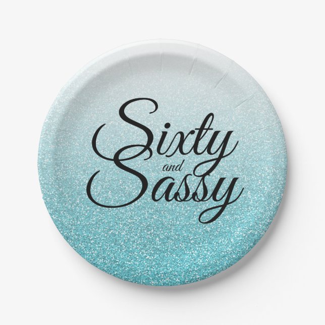 Blue Glitter Ombre 60 and Sassy 60th Birthday Paper Plates (Front)