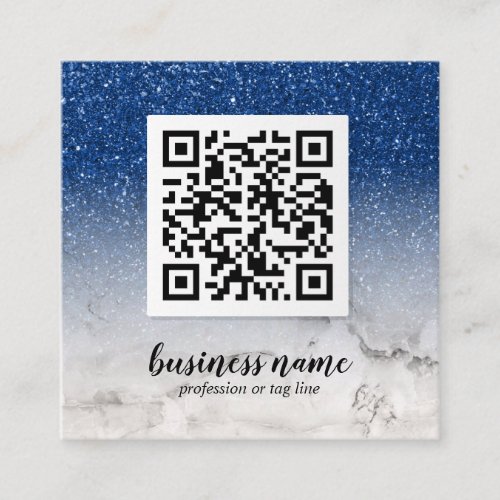 Blue Glitter Ombre Cursive QR CODE social icon  Square Business Card