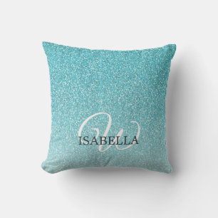 Blue Glitter Ombre Custom Name Monogram Throw Pillow
