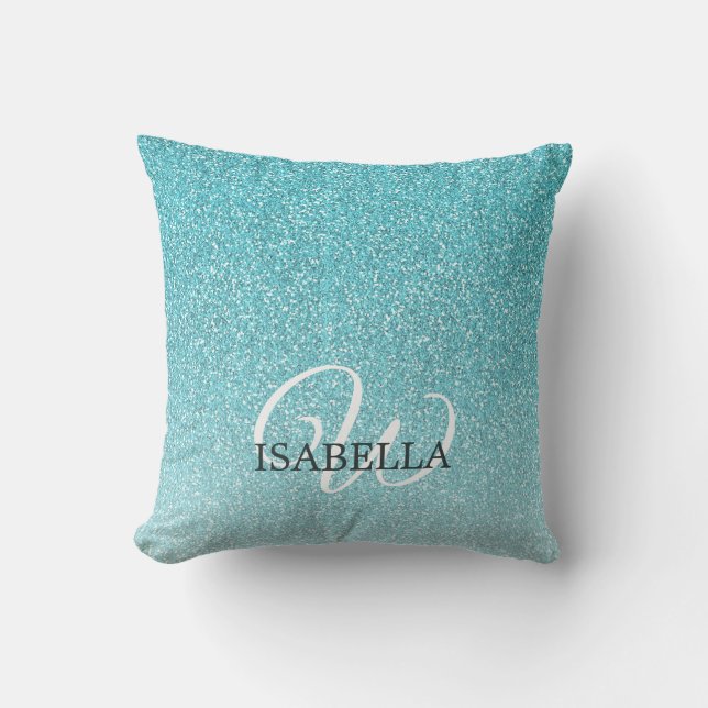 Blue Glitter Ombre Custom Name Monogram Throw Pillow (Front)