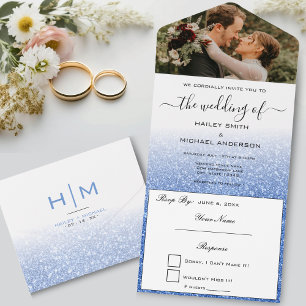 Blue Glitter Ombre Elegant Modern Photo Wedding All In One Invitation