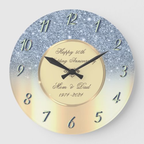 Blue Glitter Ombre Gold 50th Wedding Anniversary Large Clock