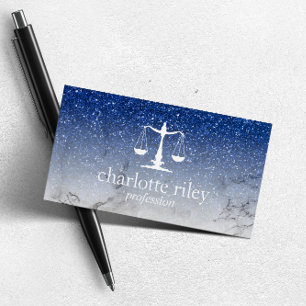 Blue Glitter Ombre Justice Scale Attorney Lawyer Business Card