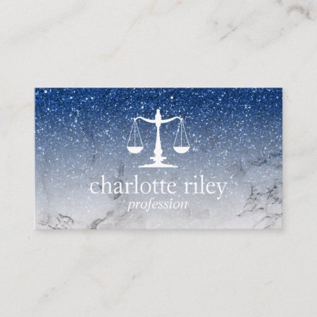 Blue  Glitter Ombre Justice Scale Attorney Lawyer Business Card