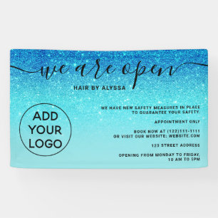 Blue glitter ombre logo blush pink We're open Banner