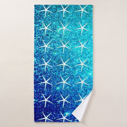 Blue Glitter Ombre Teal Sparkle Starfish Patterns Bath Towel