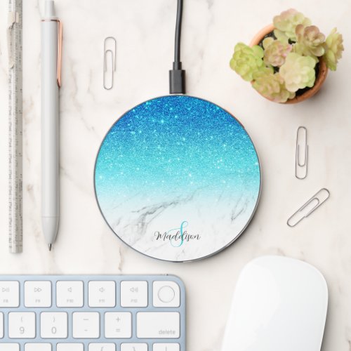 Blue glitter ombre white marble monogram wireless charger 