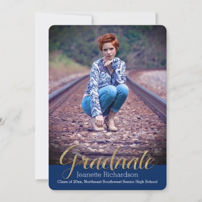Blue Glitter Overlay Photo Graduation Announcement (Front)