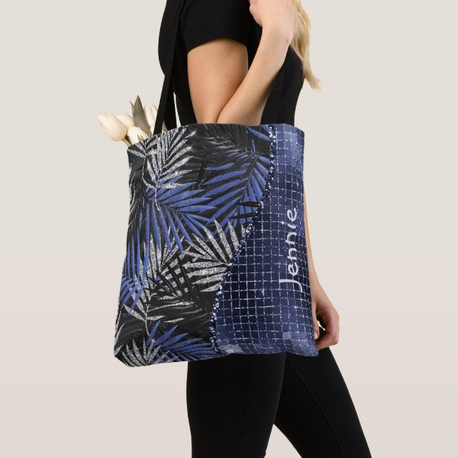 Blue Glitter Palm Leaves Glam Wave Personalized Tote Bag (Close Up)