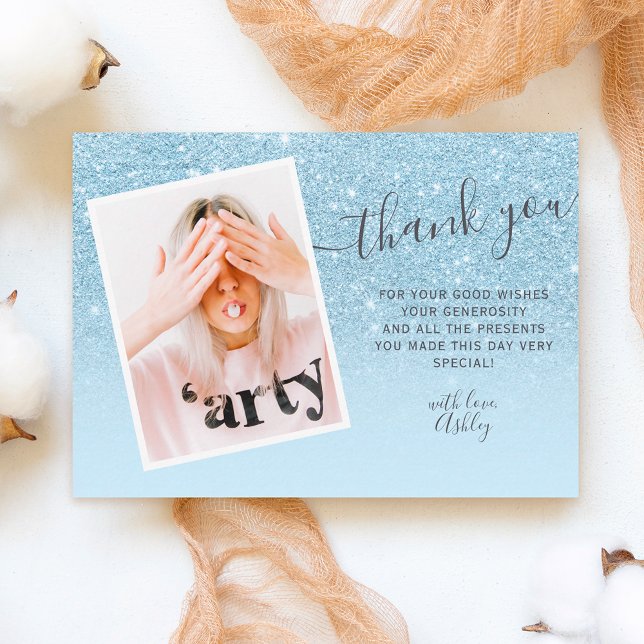 Blue glitter pastel photo thank you Sweet 16 Card (Creator Uploaded)