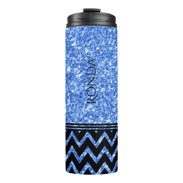 Blue Glitter Pattern & Black Chevron Pattern Thermal Tumbler (Front)