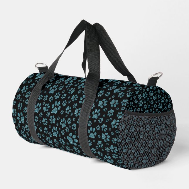 Blue glitter paws sparkle effect black background duffle bag (Right Corner)