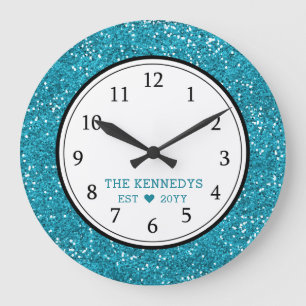 Blue Glitter Personalized Family Large Clock