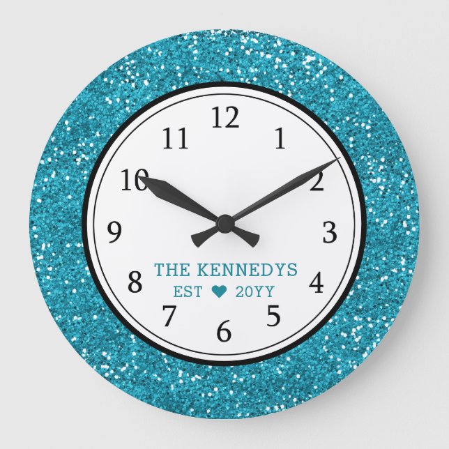 Blue Glitter Personalized Family Large Clock (Front)