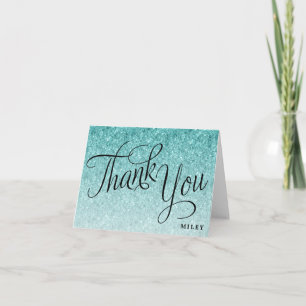 Blue Glitter Personalized Fancy Script Thank You Card