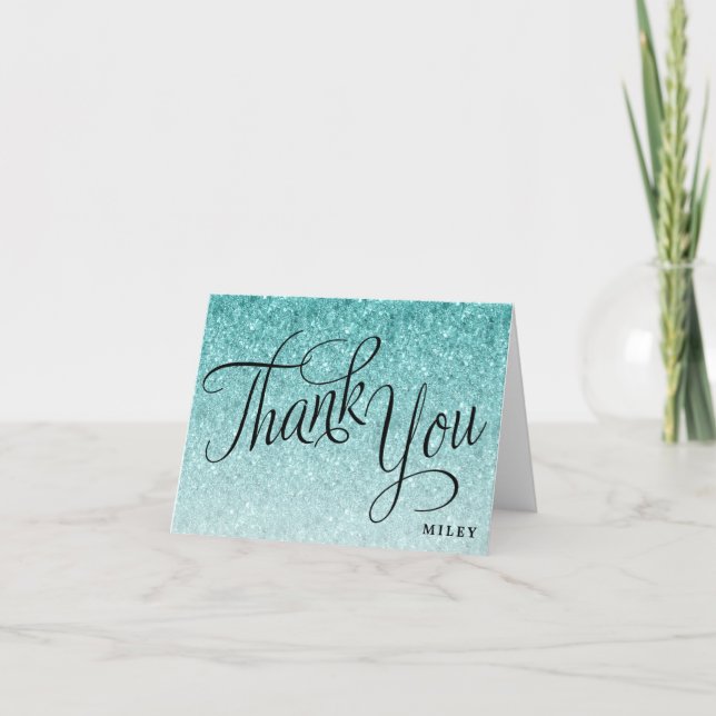 Blue Glitter Personalized Fancy Script Thank You Card (Front)