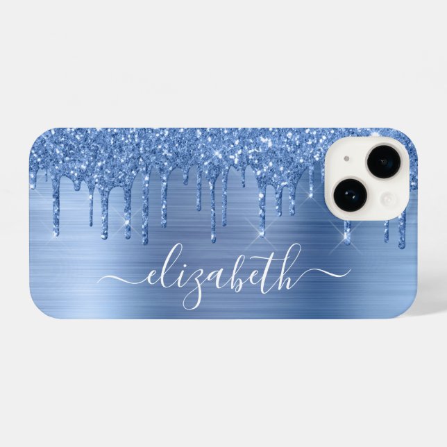 Blue Glitter Personalized iPhone Case (Back Horizontal)