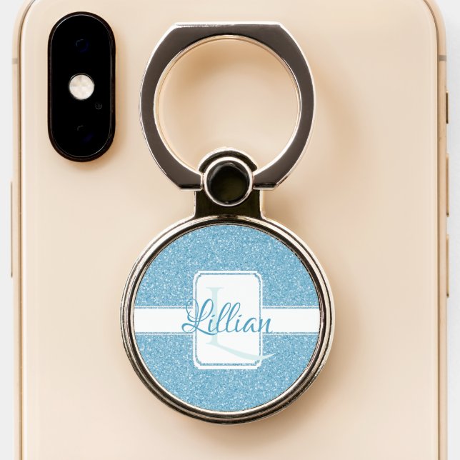 Blue Glitter Personalized Phone Ring Stand (Close Up)