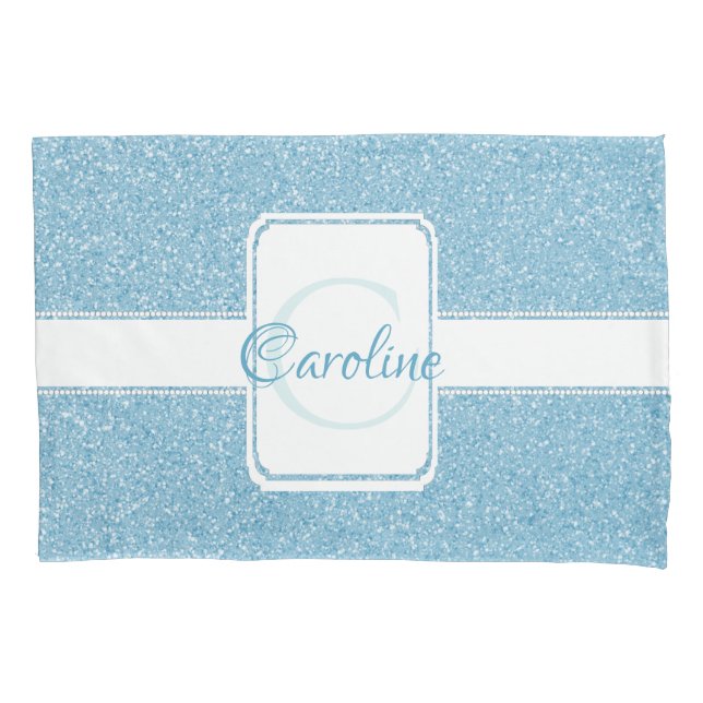 Blue Glitter Personalized Pillow Case (Front)