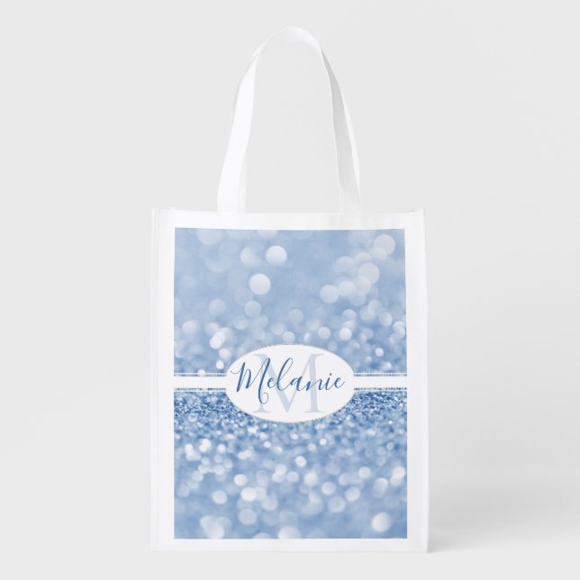 Blue Glitter Personalized Reusable Grocery Bag (Front)