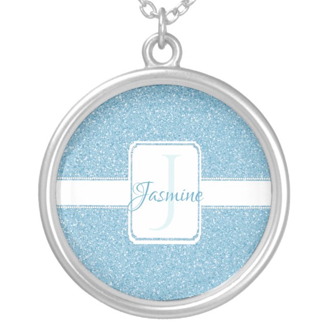 Blue Glitter Personalized Silver Plated Necklace (Front)