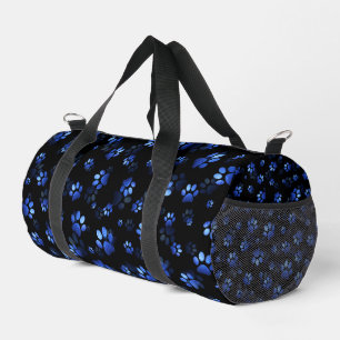 Blue Glitter Pet Paw print on black background Duffle Bag