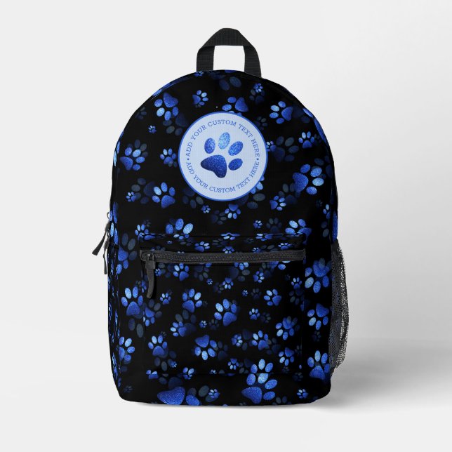 Blue Glitter Pet Paw print on black background Printed Backpack (Front)
