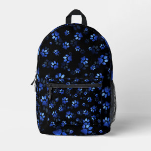 Blue Glitter Pet Paw print on black background Printed Backpack