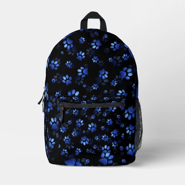 Blue Glitter Pet Paw print on black background Printed Backpack (Front)